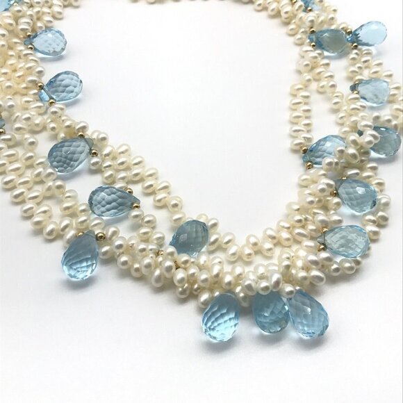 Genuine Multi-Strand Real Pearl Blue Faceted Crystal 14k Solid Gold Necklace - Picture 4 of 8